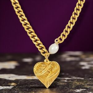 18K Gold Plated Stainless Steel Cuban Heart Necklace Pearl Accent Streetwear